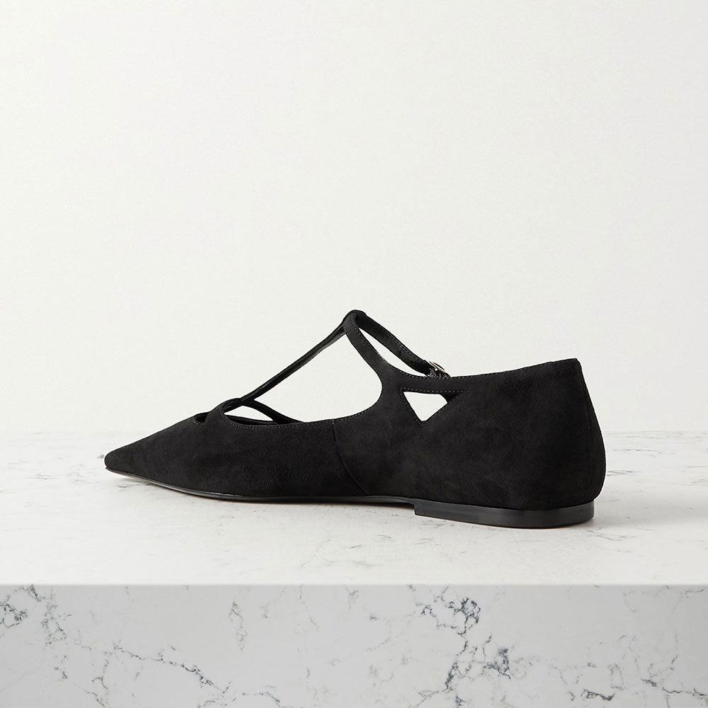 Vegan Suede Pointed Toe Cut Out T-Strap Women's Dress Flats in Black