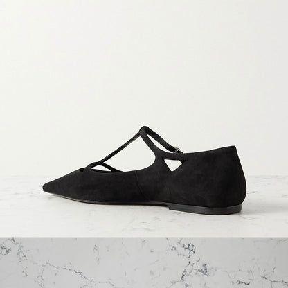 Vegan Suede Pointed Toe Cut Out T-Strap Women's Dress Flats in Black
