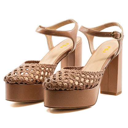 Tan Woven Detail Round Toe Ankle Strap Chunky Heel Platform Sandals