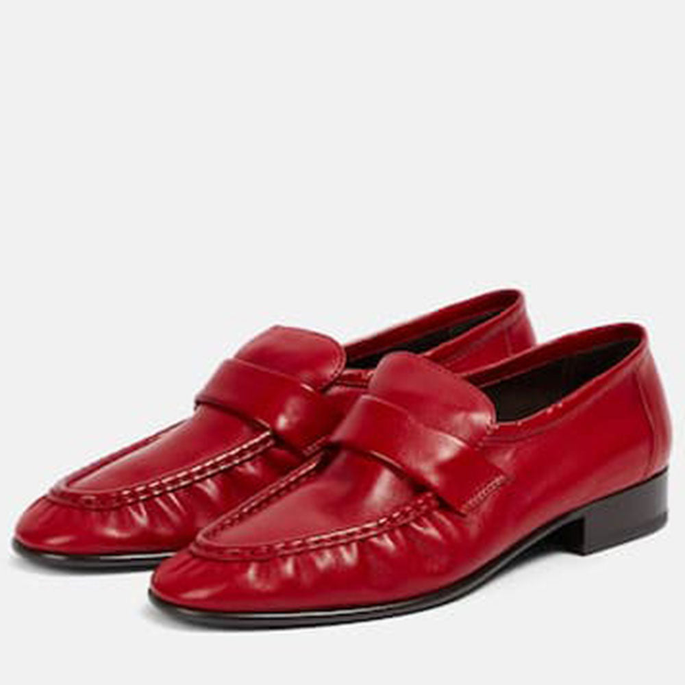 Softy Red Round Toe Low Chunky Heel Women's Loafers