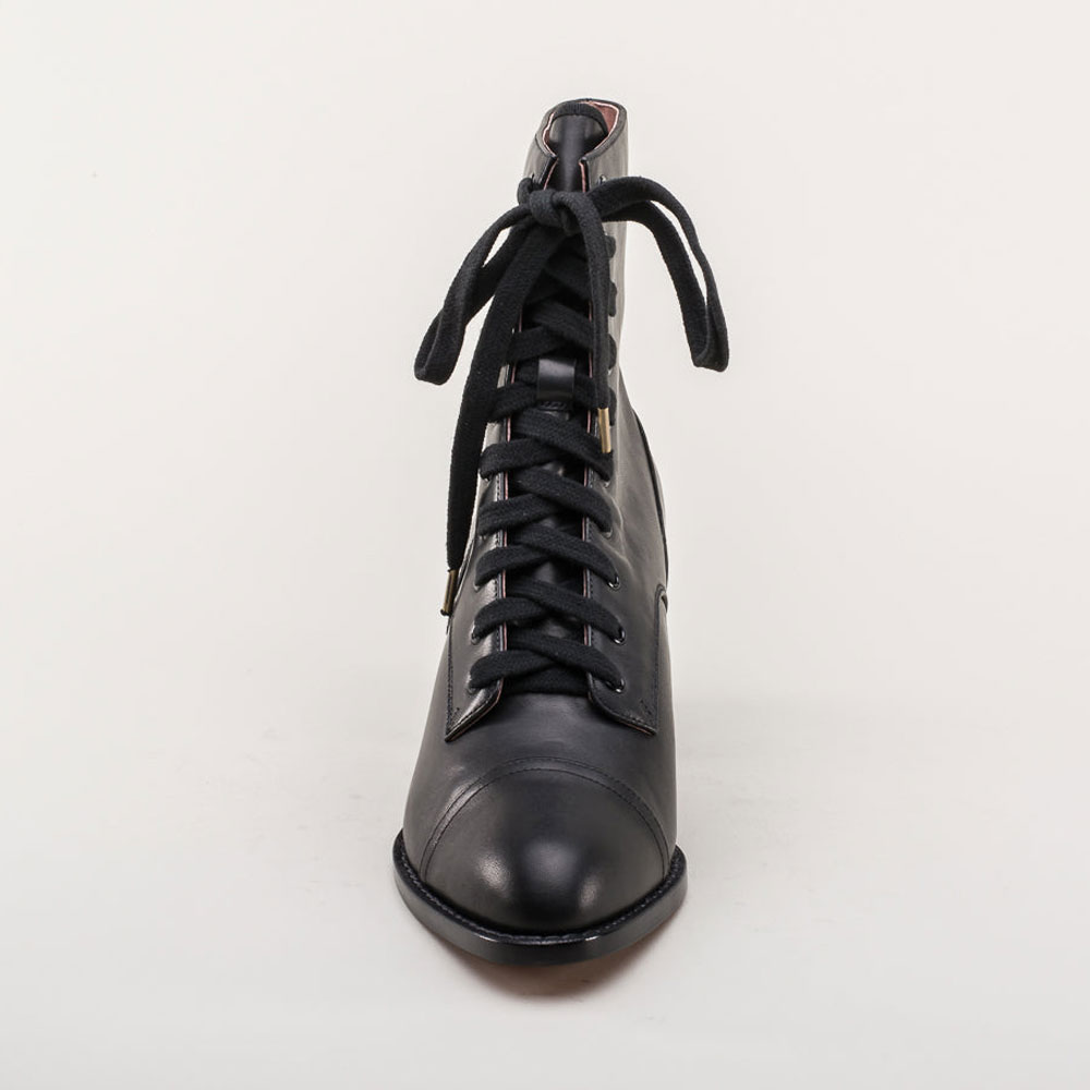 Black Lace-Up Chunky Heel Ankle Boots for Women with Almond Toe