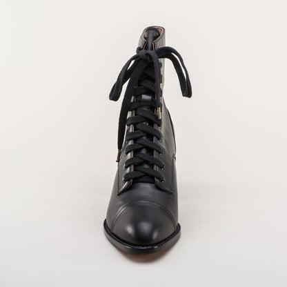 Black Lace-Up Chunky Heel Ankle Boots for Women with Almond Toe