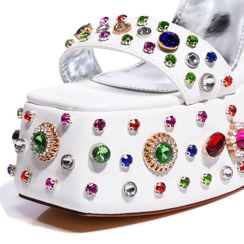 White Square Toe Chunky Heel Crystal Platform Mules with Double Strap