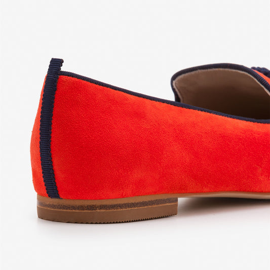 Coral Red Vegan Suede Loafers for Women Pointy Toe Flats with Fringes