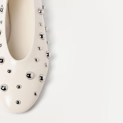 Women's Fashion Ivory Round Toe Stud Embellished Ballet Flats