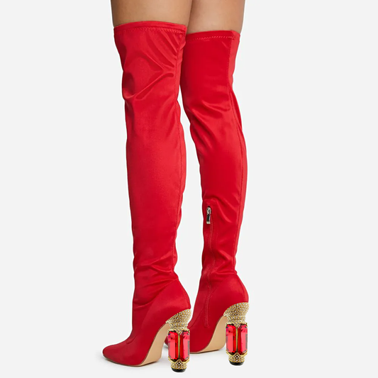 Red Simple Fashion Boots Decorative Heel Over The Knee Boots