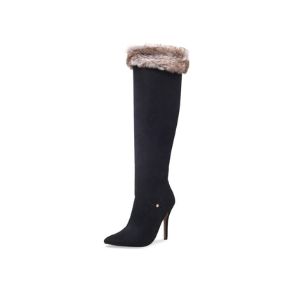Black Stiletto Heels Faux Fur Trim Pointed Toe Knee High Boots
