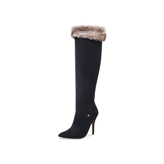 Black Stiletto Heels Faux Fur Trim Pointed Toe Knee High Boots