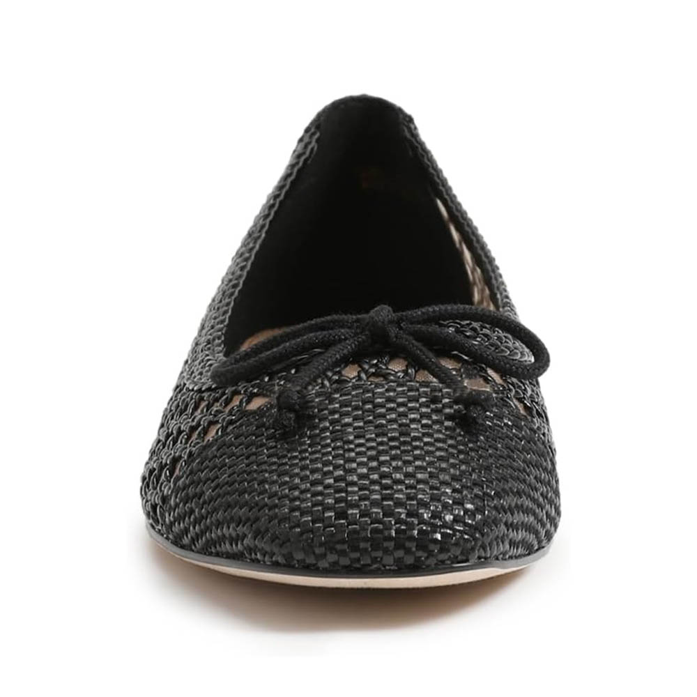 Chic Black Woven Square Toe Hollow Out Ballet Flats with Bow