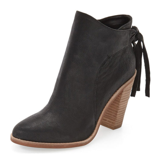 Black Almond Toe Zipper Back Lace Up Chunky Heel Ankle Boots