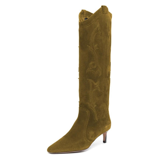 Olive Pull-On Snip Toe Kitten Heel Knee High Boots with Embroidery