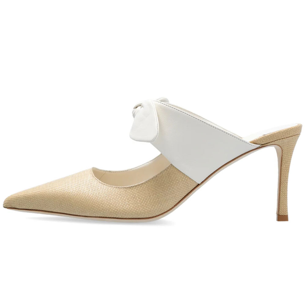 Beige & White Pointed Toe Stiletto Heel Woven Mules Shoes with Knot