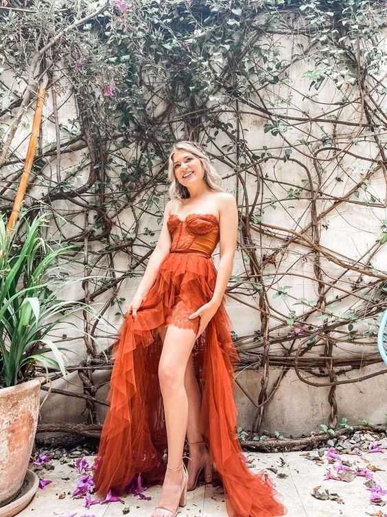 PM547,Rust Red Lace Tulle Prom Evening Dresses, Charming Sweetheart Rust Tiered Long Prom Dress with Slit