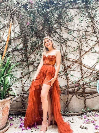 PM547,Rust Red Lace Tulle Prom Evening Dresses, Charming Sweetheart Rust Tiered Long Prom Dress with Slit