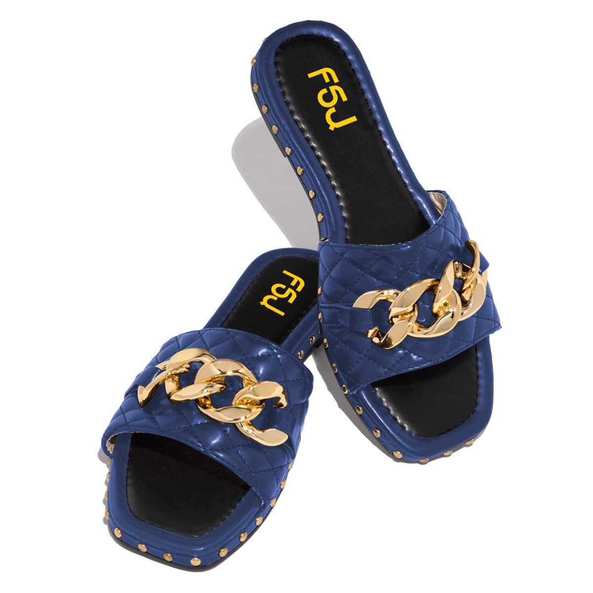 Beige Square Toe Flat Mule Sandals with Gold Chain