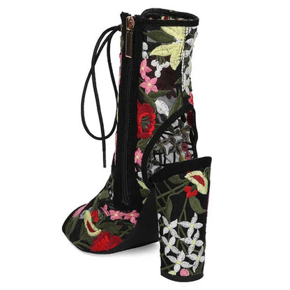 Black Sheer Mesh Peep Toe Lace Up Embroidered Block Heel Ankle Boots
