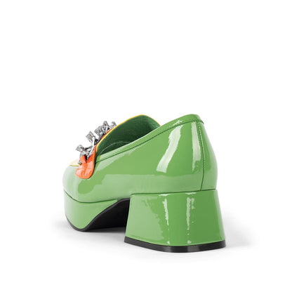 Multicolor Patent Leather Round Toe Block Heel Loafers with Chain