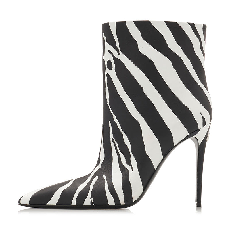 Black & White Zebra Print Pointed Toe Stiletto Heel Ankle Boots