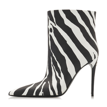 Black & White Zebra Print Pointed Toe Stiletto Heel Ankle Boots
