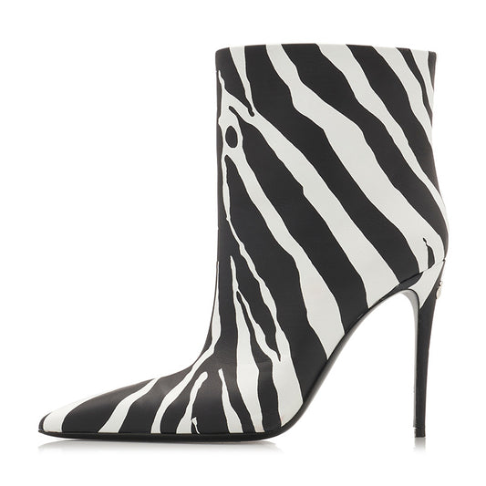 Black & White Zebra Print Pointed Toe Stiletto Heel Ankle Boots