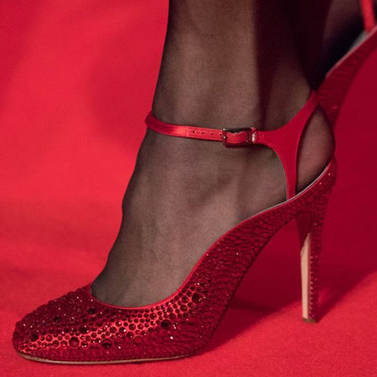 Women's Red Stiletto Heels Ankle Strap Rhinestone Evening Pumps