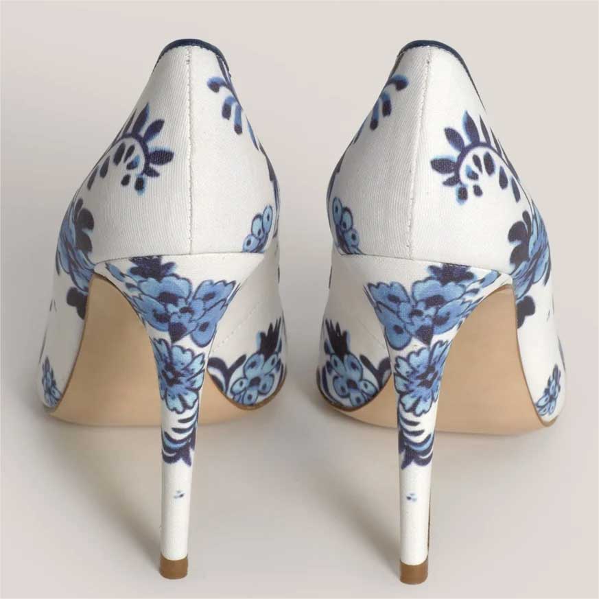 Women's White Pointed Toe Blue Floral Print Stiletto Heels Pumps