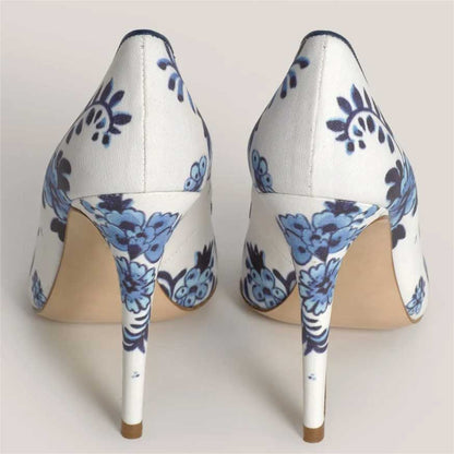Women's White Pointed Toe Blue Floral Print Stiletto Heels Pumps