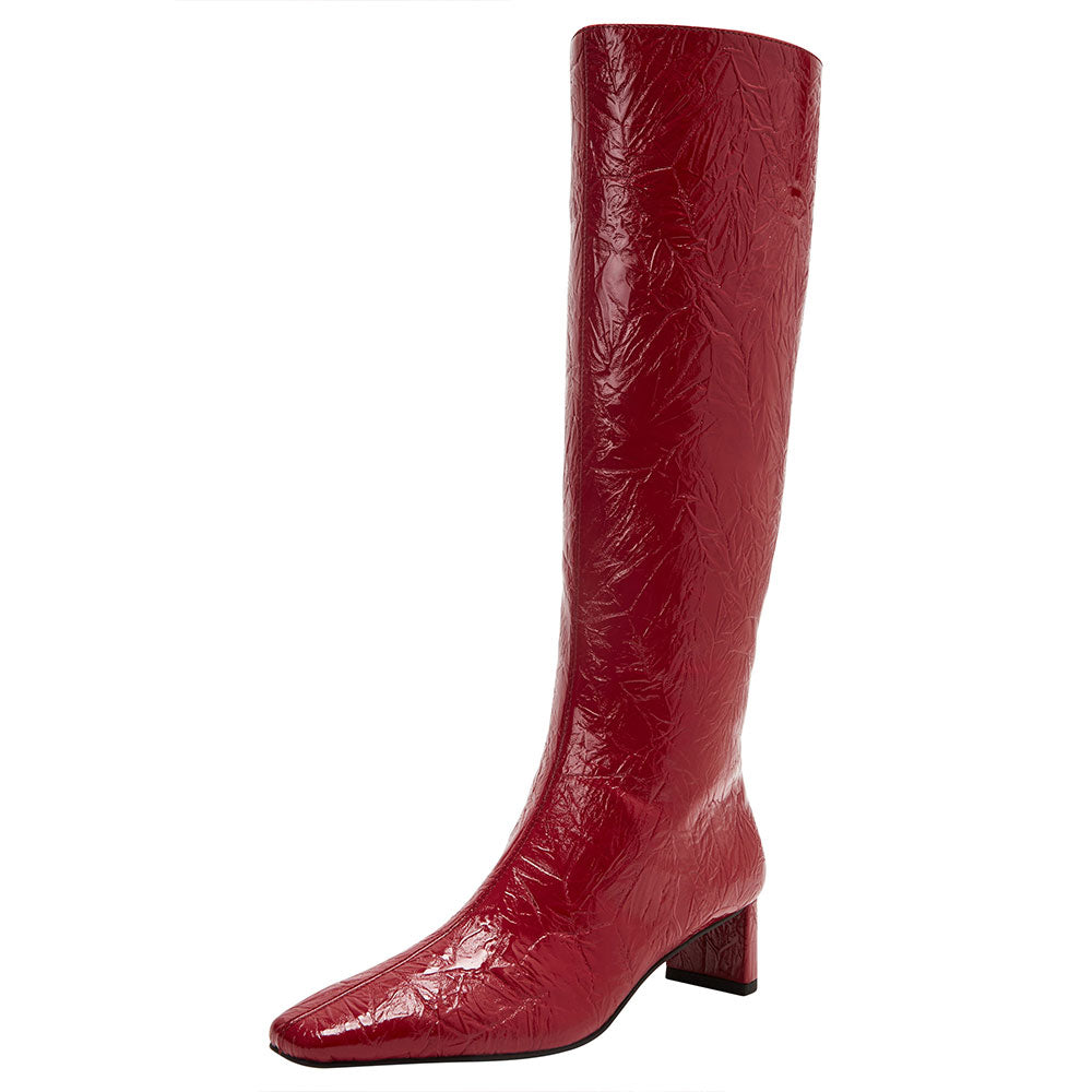 Red Crinkled Finish Square Toe Side-Zipper Heeled Knee High Boots