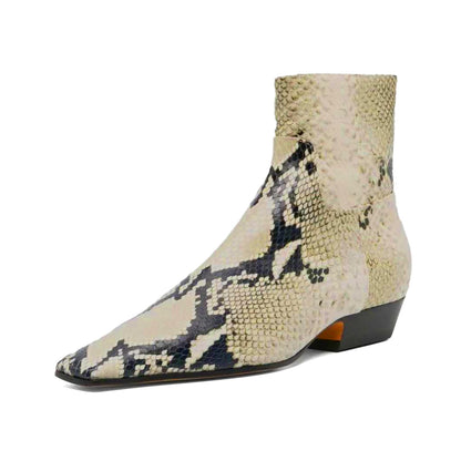 Beige & Black Snake Embossed Square Toe Zipper Low Heel Ankle Boots