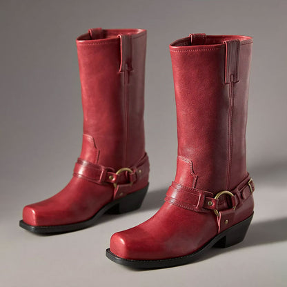 Red Square Toe Hardware Ring Strap Motorcycle Mid Calf Boots