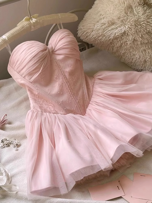 Simple Fashion Pink Sweetheart Strapless Design A-line Ruffled Hem Party Dress Homecoming Dress TP3830