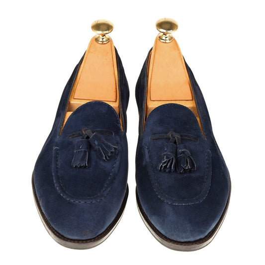 Blue Closed Toe Block Heel Loafers with Fringe
