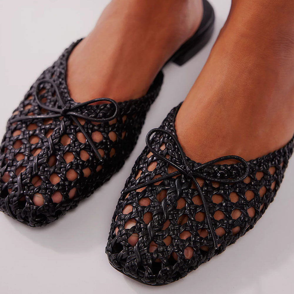 Black Vegan Leather Square-Toe Woven Slip-On Lady's Comfy Flat Mules