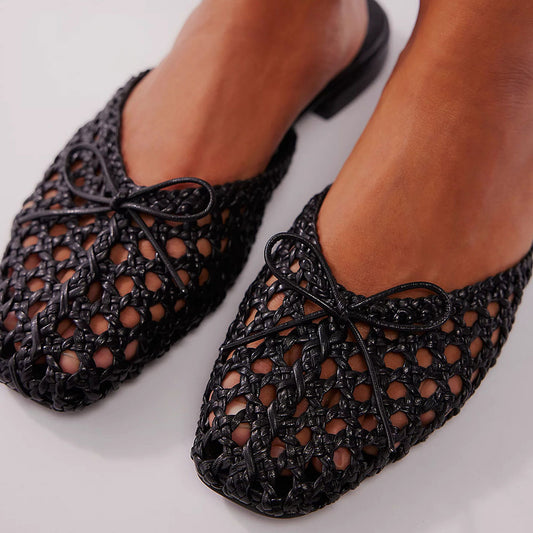 Black Vegan Leather Square-Toe Woven Slip-On Lady's Comfy Flat Mules