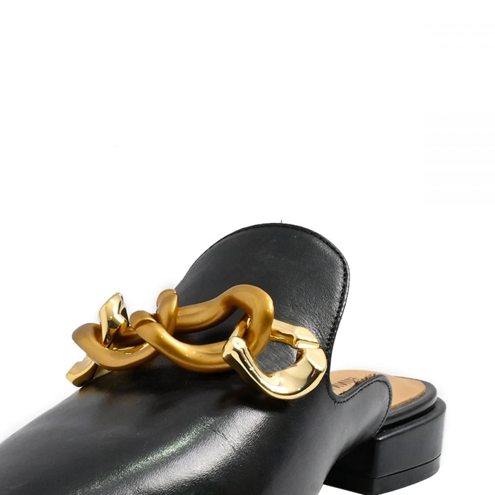 Black Pointed Toe Low Chunky Heel Mule Loafers with Chain Accent