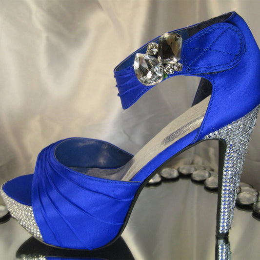 Blue Satin Pleated Ankle Strap Rhinestone Platform Heeled Sandals