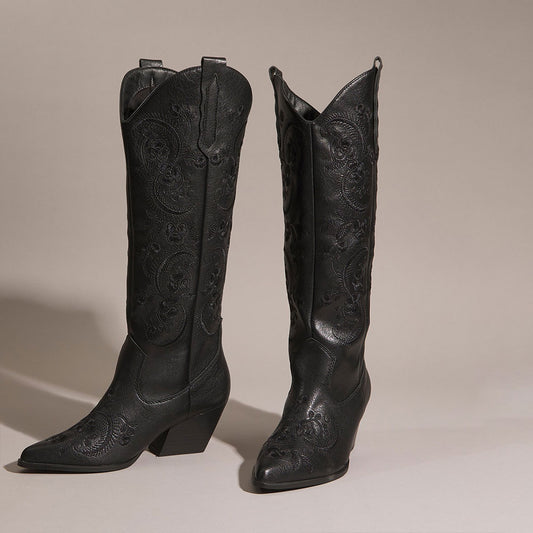 Black Snip Toe Chunky Heel Floral Embroidered Knee High Cowgirl Boots