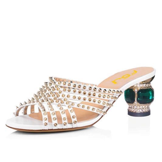 White Rivets Rhinestone Chunky Heel Mules Sandals