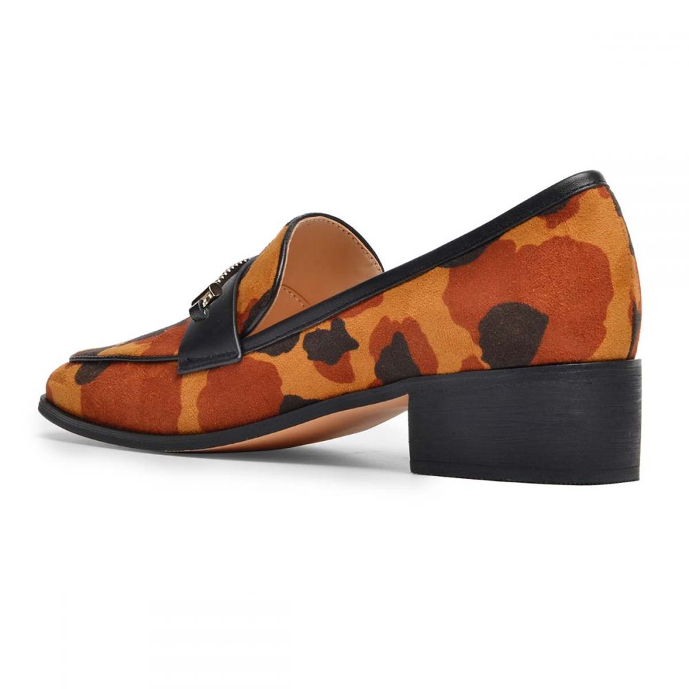 Brown Cow Print Low Chunky Heel Women's Loafers with Metal Accent