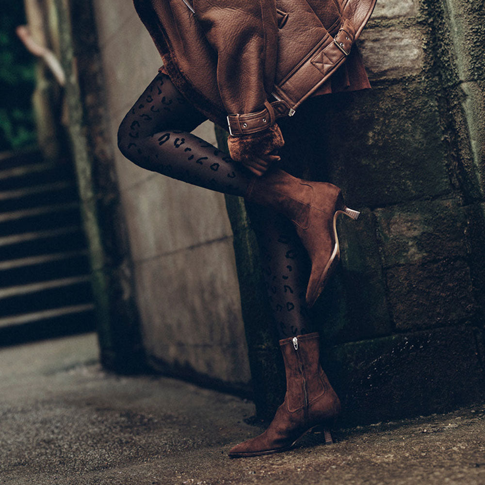 Women's Pointed Toe Spool Heel Zipper Mid Calf Boots in Brown