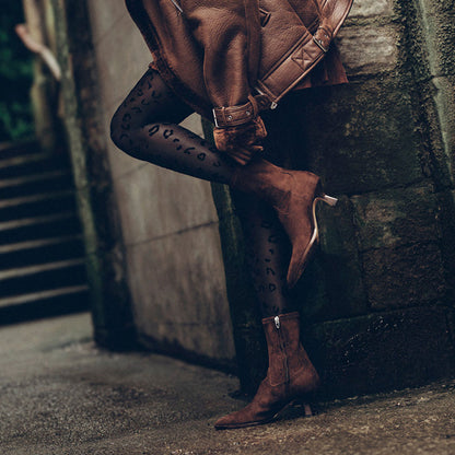 Women's Pointed Toe Spool Heel Zipper Mid Calf Boots in Brown