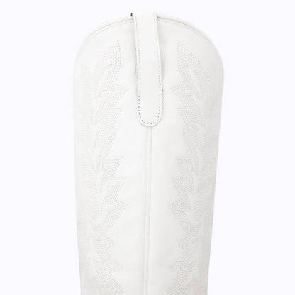 White Snip Toe Chunky Heel Embroidered Knee High Boots with Zipper