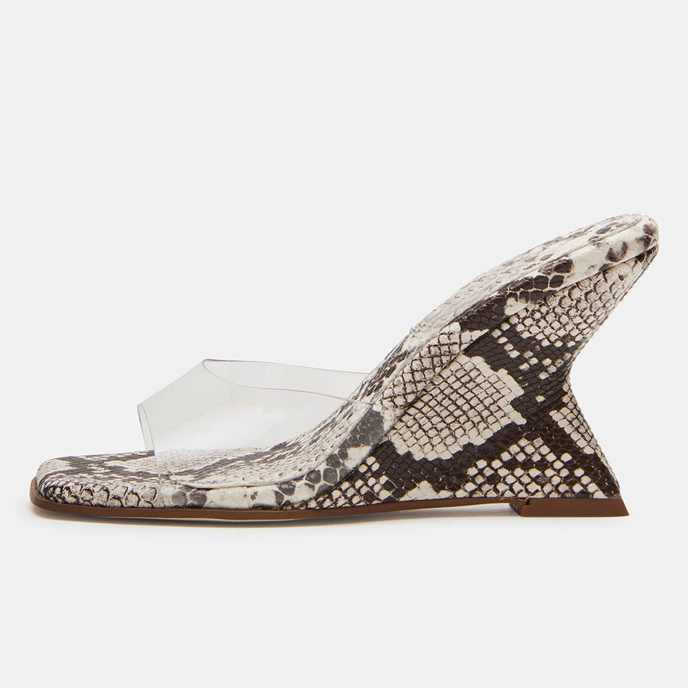 Beige & Gray Square Toe Python Embossed Mules Sandals with Wedge Heel