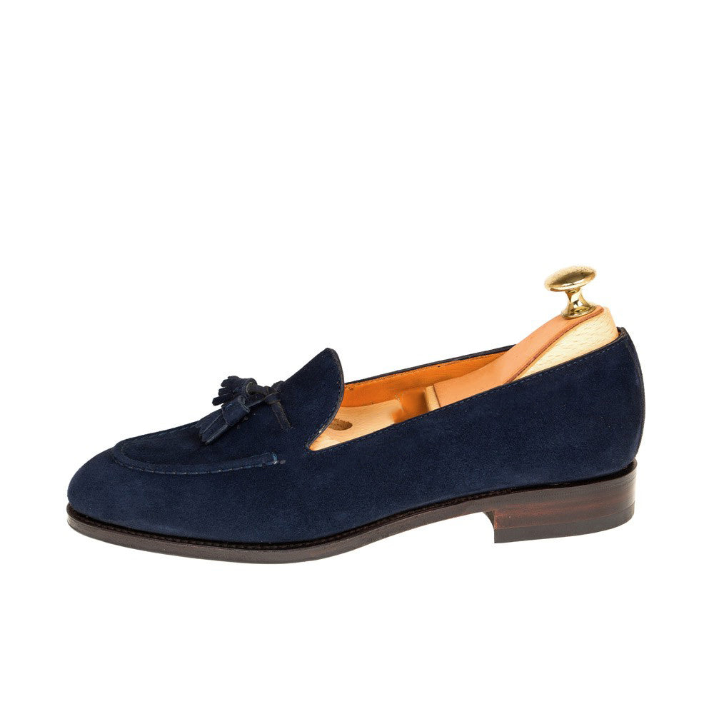 Blue Closed Toe Block Heel Loafers with Fringe