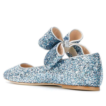 Blue Glitter Bow Pointy Toe Comfortable Flats
