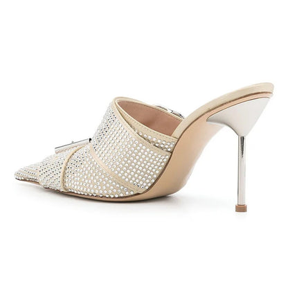Beige Pointed Toe All-Over Rhinestone Buckle Strap Mule Heels