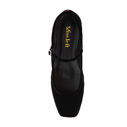 Velvet Square Toe Mary Jane Flats with Buckle Strap in Black