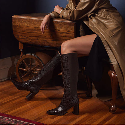 Dark Brown Square Toe Snakeskin Embossed Chunky Heel Knee High Boots