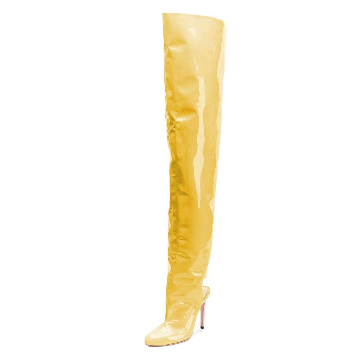 Yellow Patent Leather Slingback Stiletto Heel Over-the-Knee Boots
