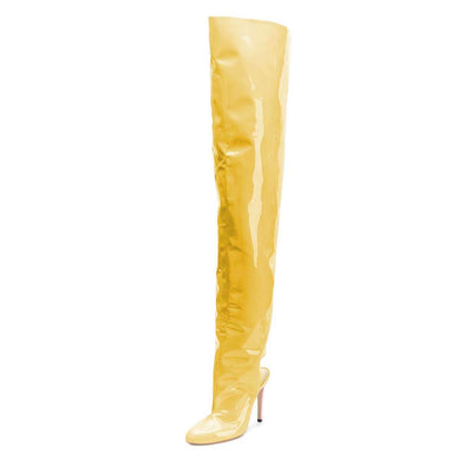 Yellow Patent Leather Slingback Stiletto Heel Over-the-Knee Boots